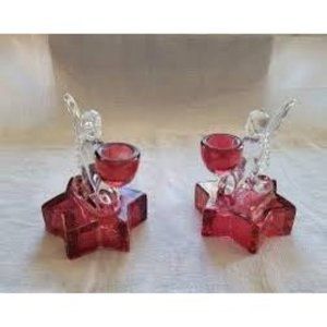 1940’s MCM Pair Christmas Angel Candle Holders with Ruby Red Glass Bases. Rare